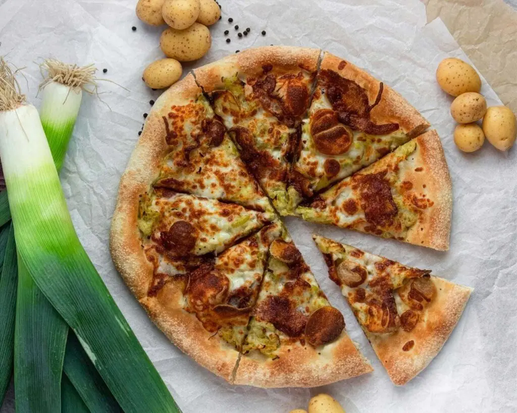 Overhead view of potato and leek pizza