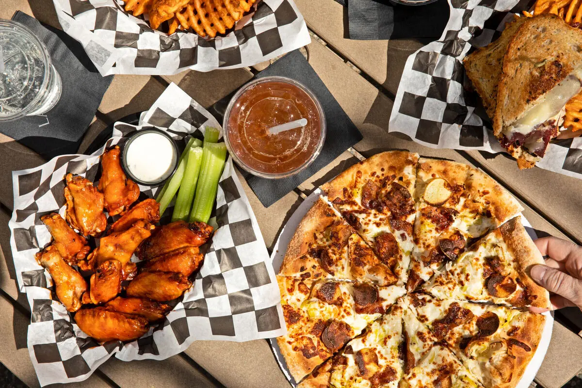 Overhead view of menu items on table